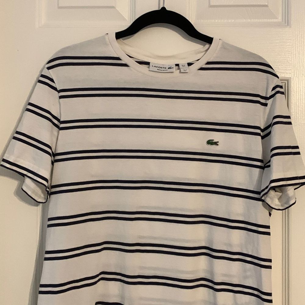 LACOSTE STRIPE JERSEY TEE White and Blue Regular Fit Large - Picture 2 of 8